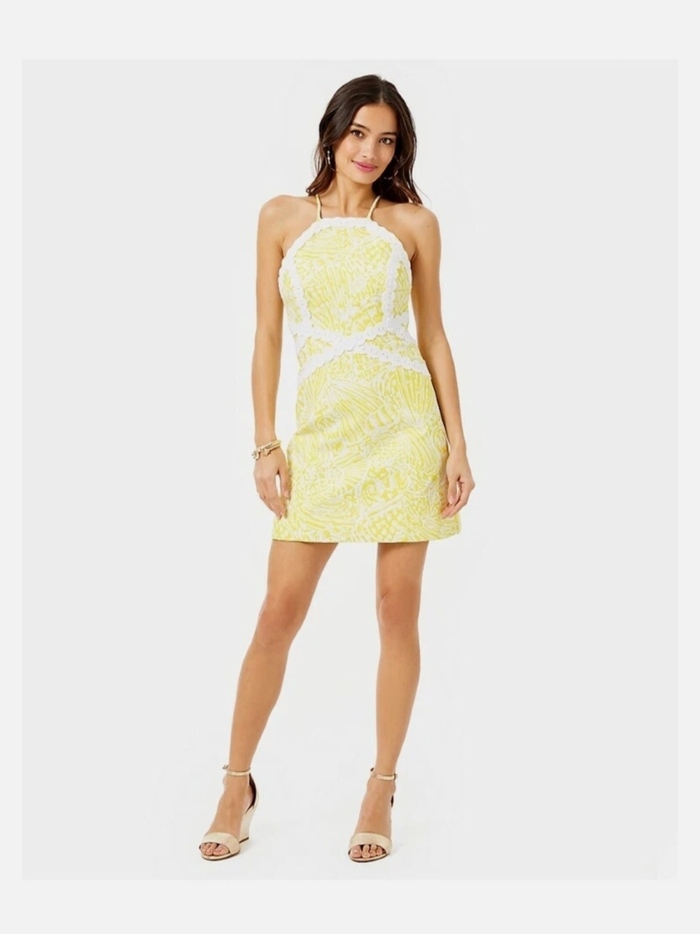 Lilly Pulitzer Yellow Halter Lace-Trim Mini Dress